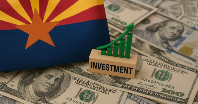 Illustration with Arizona flag, dollar bills and an economy graph